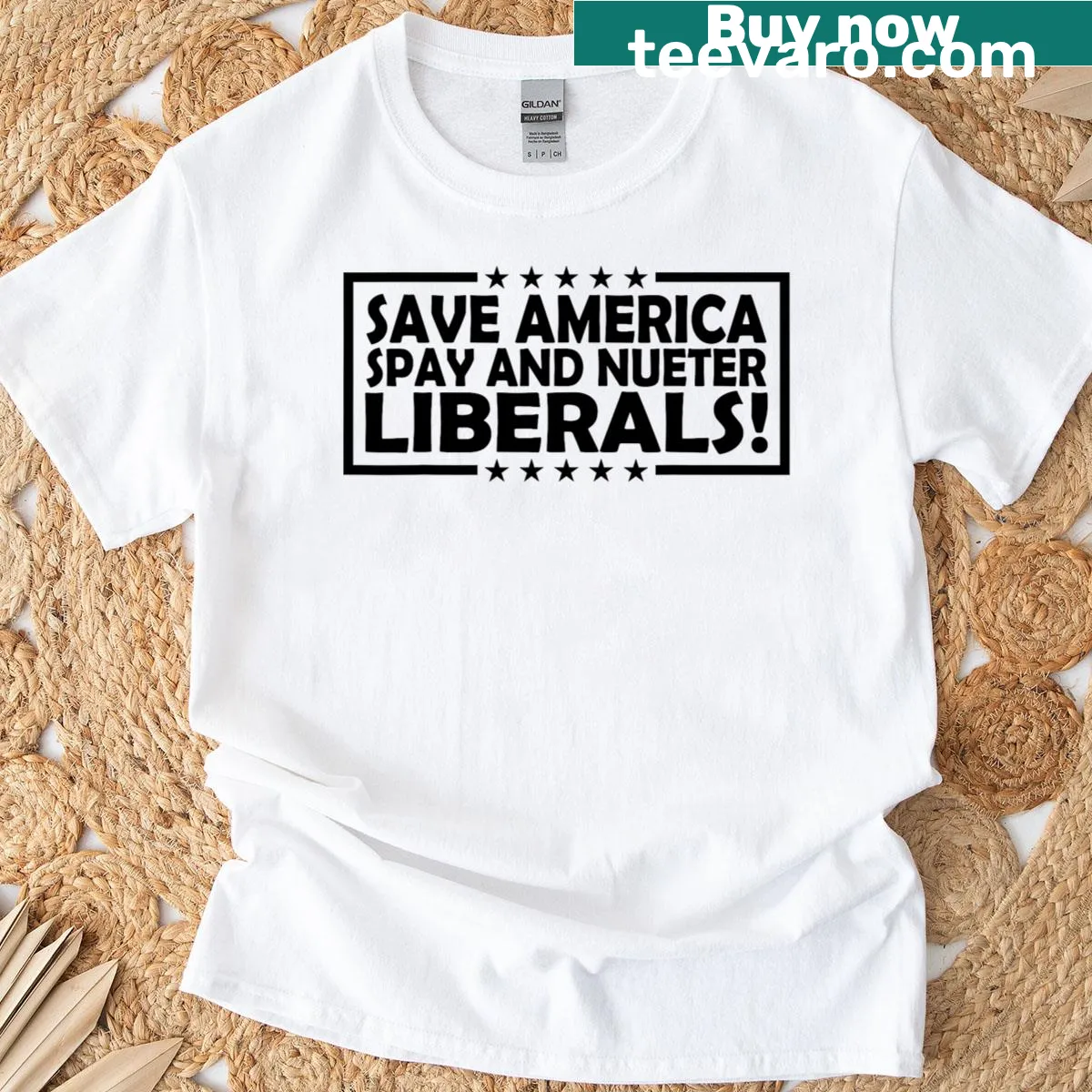 Humorous t-shirt with the slogan about saving America and political satire. — on a men's t-shirt