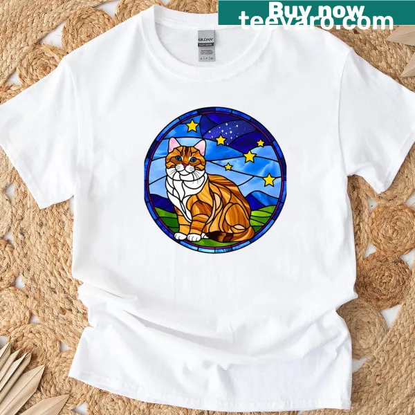 Stained glass art T-shirt featuring a Scottish Fold cat against a Starry Night backdrop