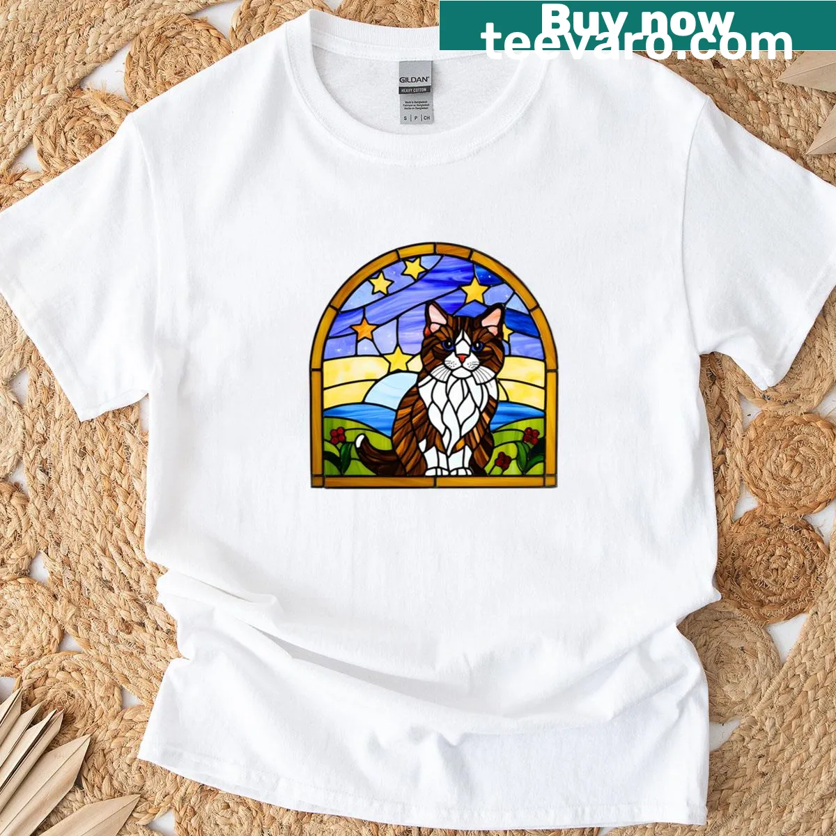 Illustration of a Scottish Fold cat in stained glass style inspired by Starry Night — on a men's t-shirt