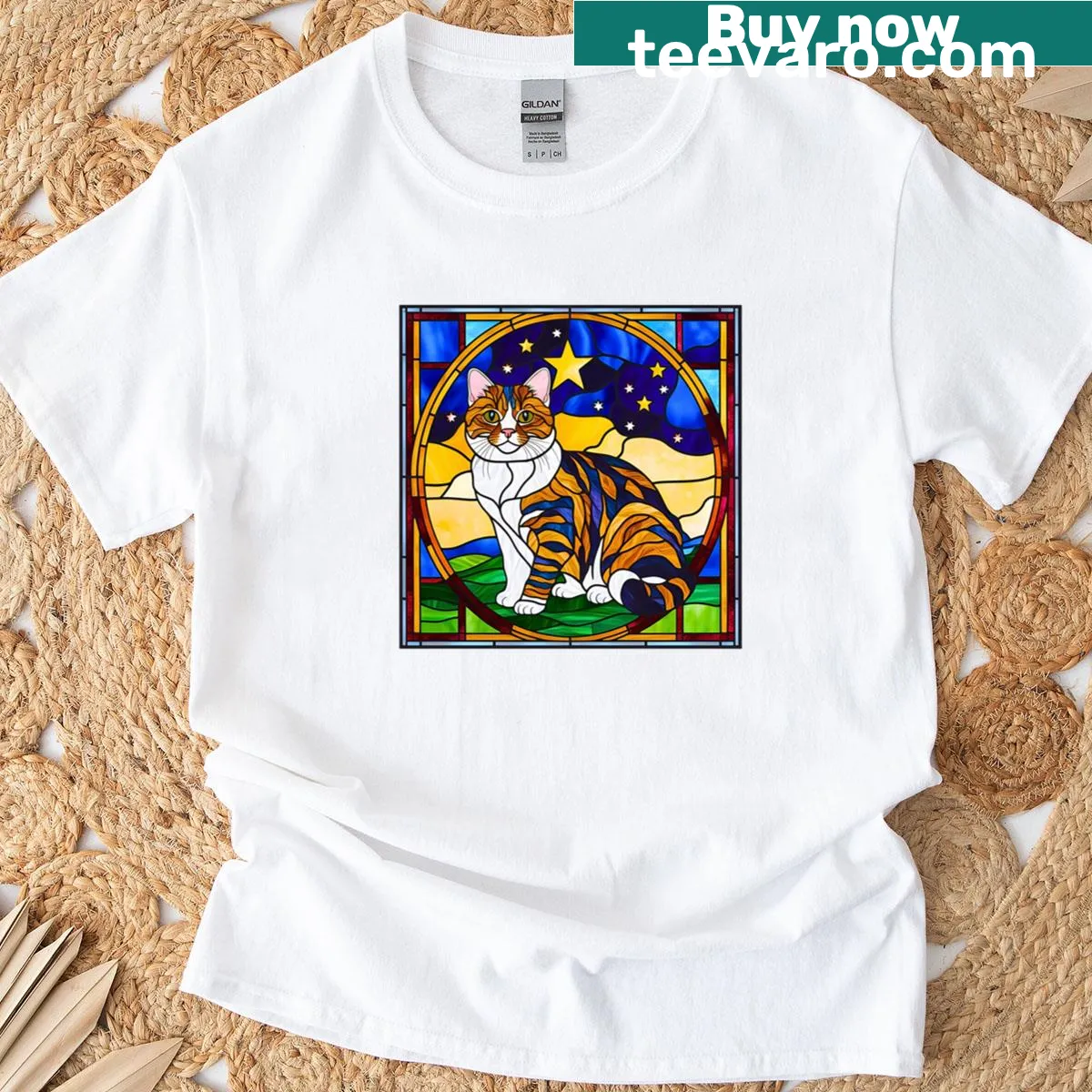 Stained glass art of a Scottish Fold cat inspired by Starry Night — on a men's t-shirt