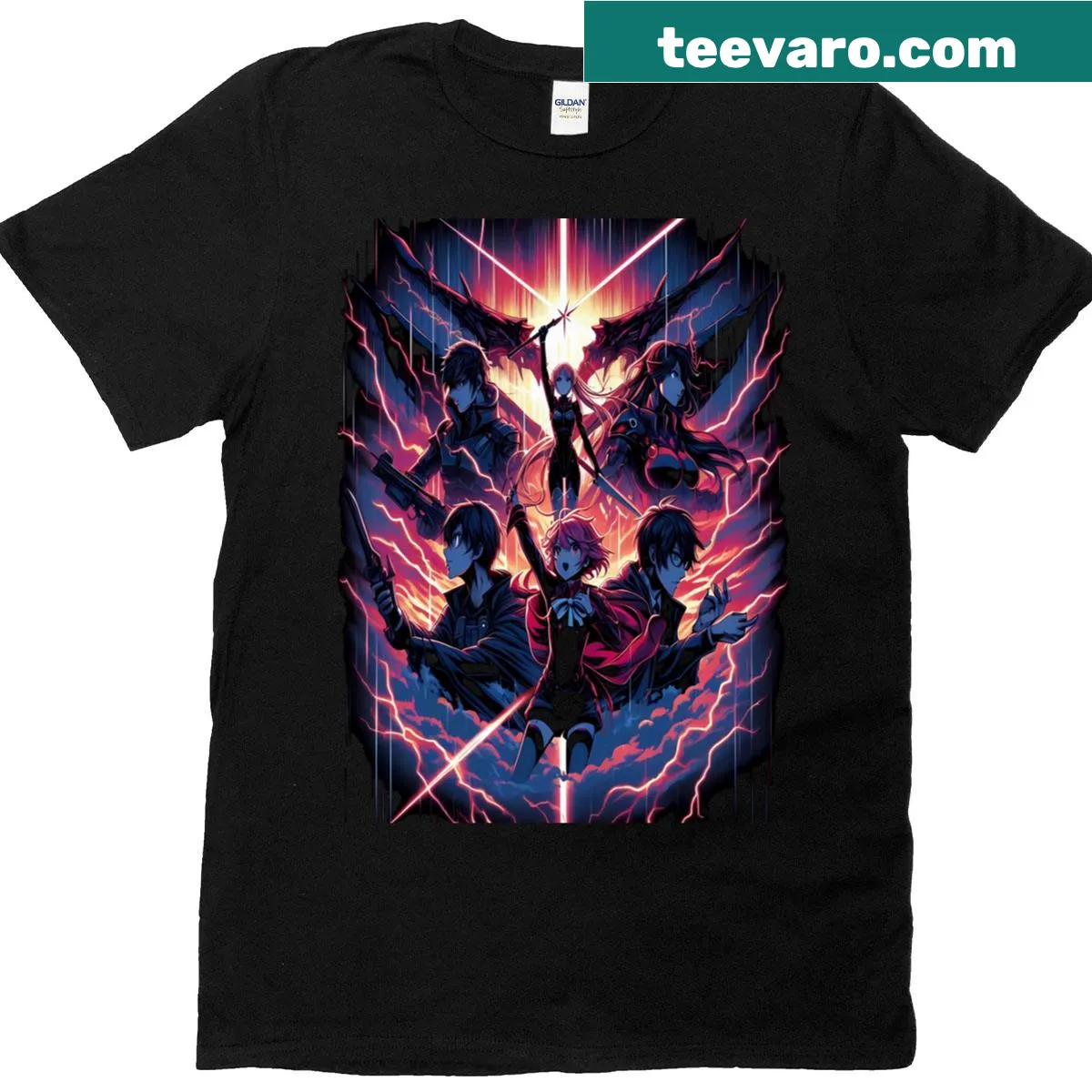Illustrated t-shirt featuring neon warriors in a rebellion theme — on a men's t-shirt