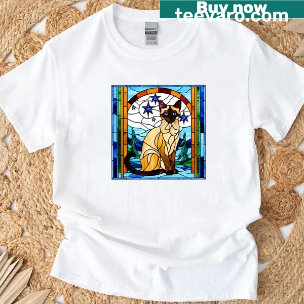 Siamese cat stained glass art T-shirt design.