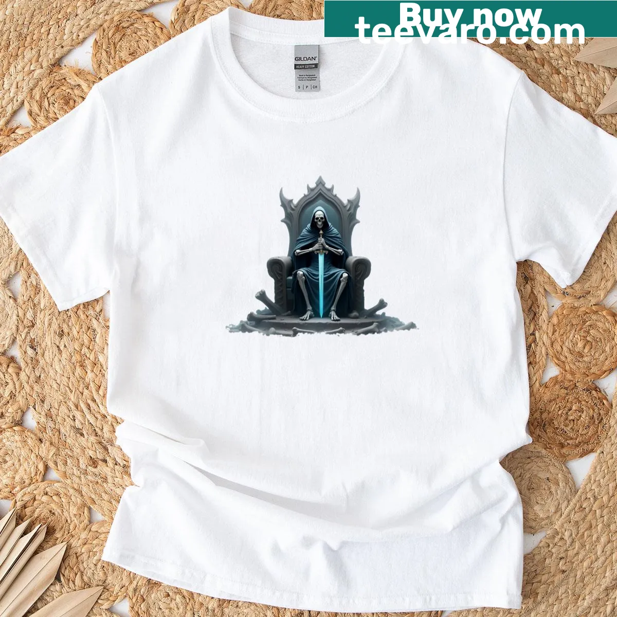 Illustration of a skeleton king on a throne made of bones — on a men's t-shirt
