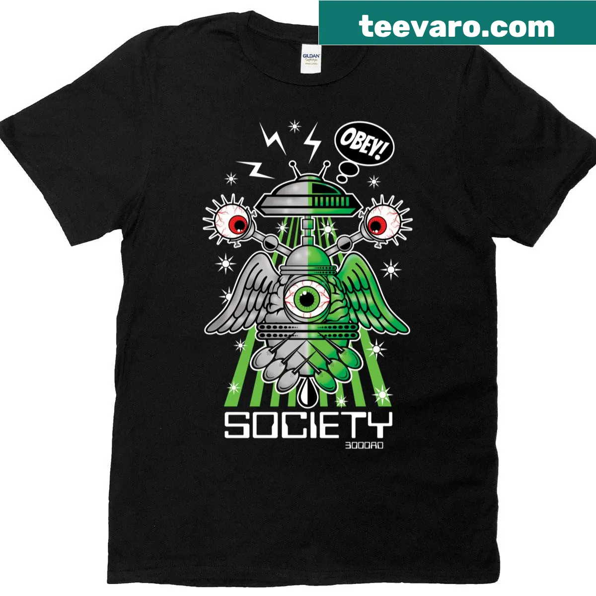 Minimalist typography tee featuring the text 'Society 3000ad' — on a men's t-shirt