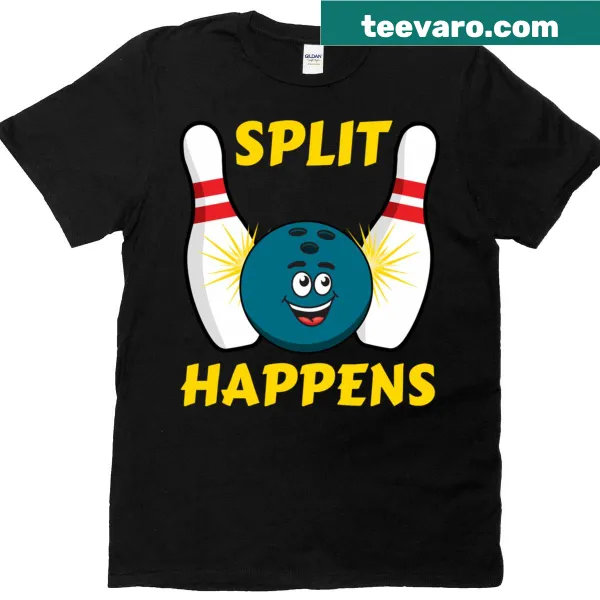 Funny bowling t-shirt with 'Split Happens' text and pin illustration