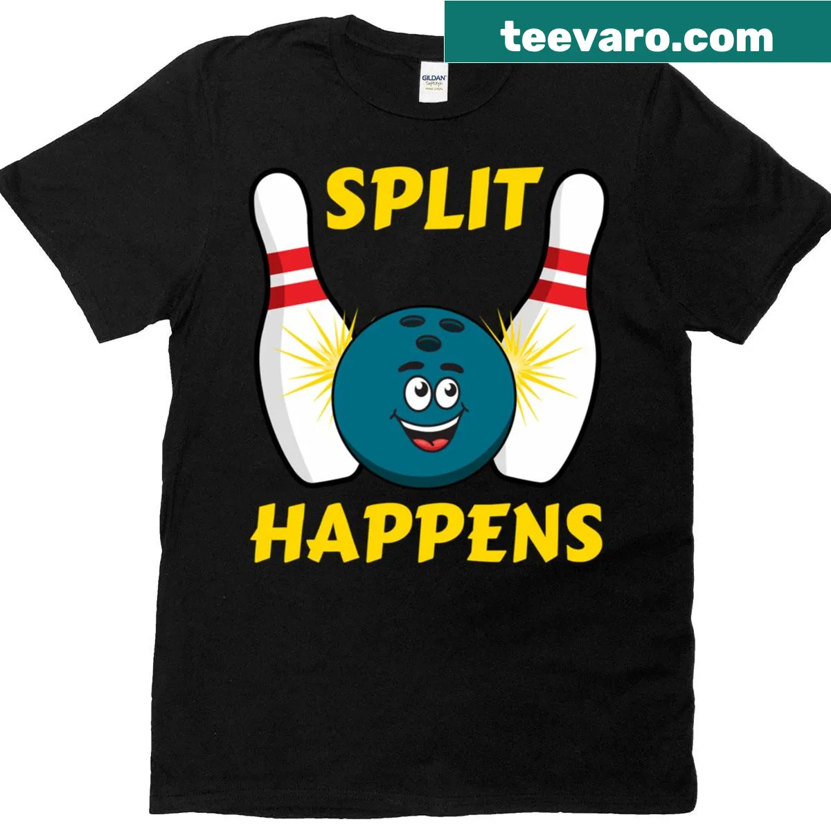 Funny bowling t-shirt with 'Split Happens' text and pin illustration — on a men's t-shirt