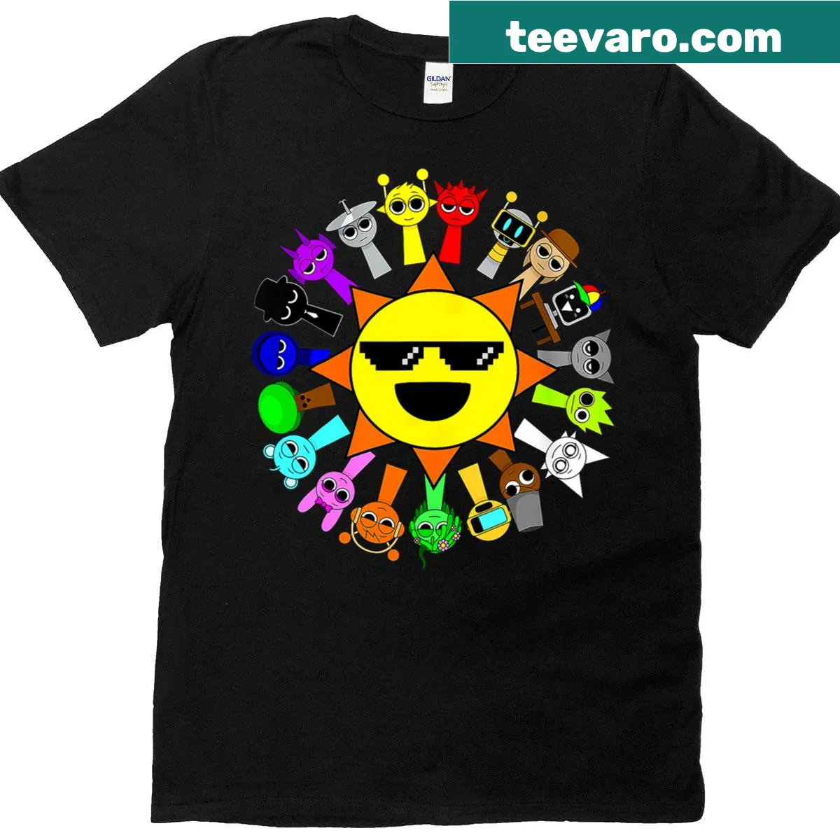 Cartoon design of various toys celebrating a birthday, fun for kids — on a men's t-shirt