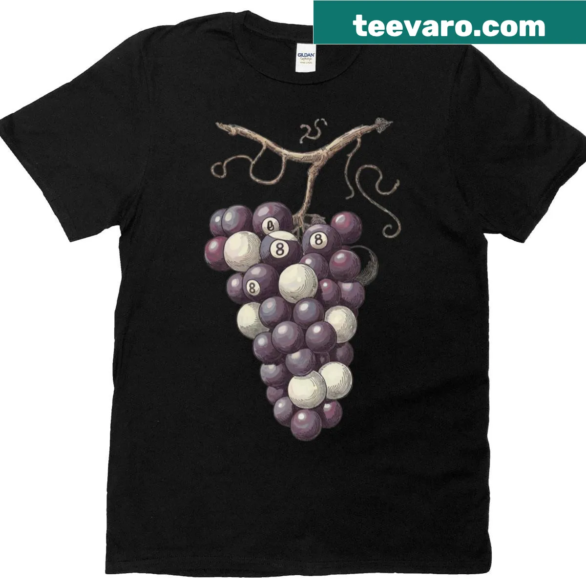 Vintage fantasy art t-shirt with billiard ball grape cluster — on a men's t-shirt
