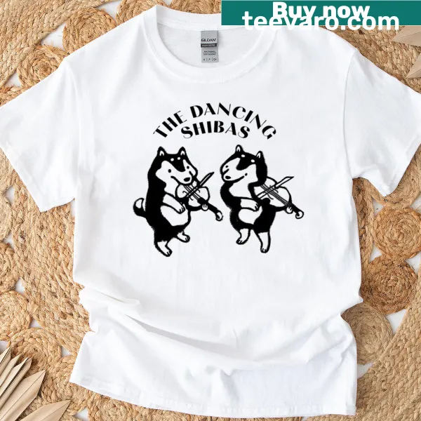 Illustration of Shiba Inu dogs playing violins, whimsical design for dog and music lovers