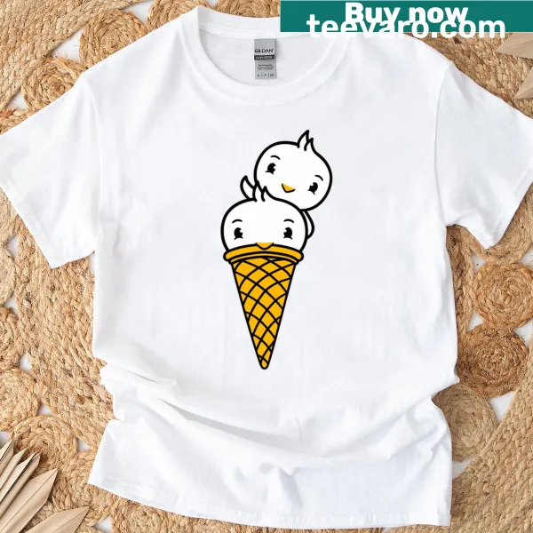 Cute T-shirt with cartoon birds greeting while holding ice cream