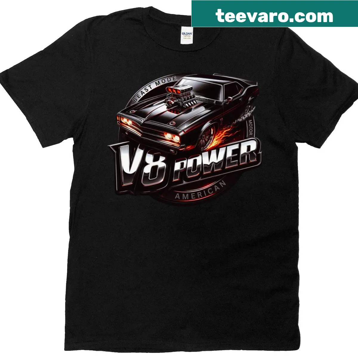 T-shirt featuring V8 engine illustration and 'Beast Mode' text — on a men's t-shirt
