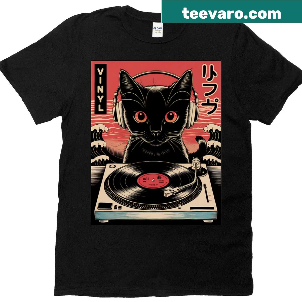 Vintage T-shirt featuring a Japanese cat with headphones spinning vinyl records — on a men's t-shirt