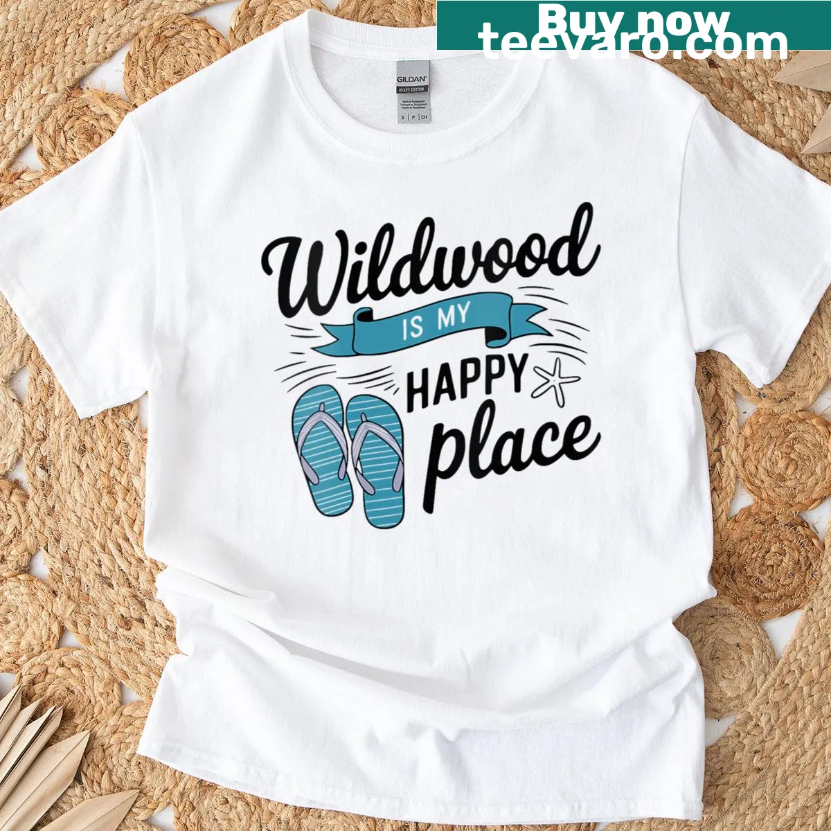 V-neck t-shirt with Wildwood is my happy place text — on a men's t-shirt