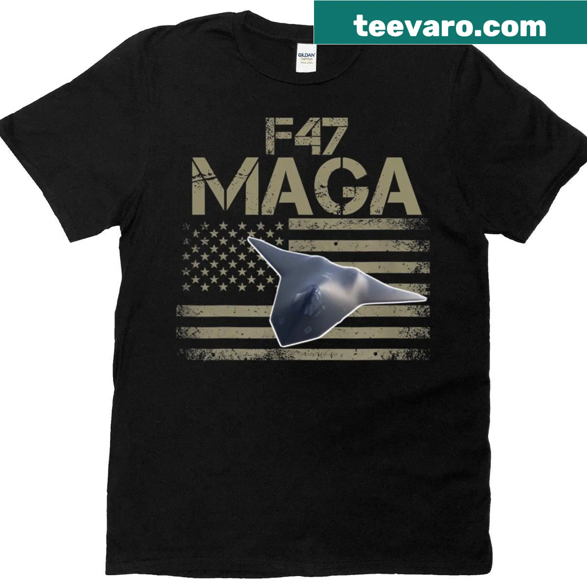 Illustration of F-47 fighter jet on a patriotic t-shirt — on a men's t-shirt