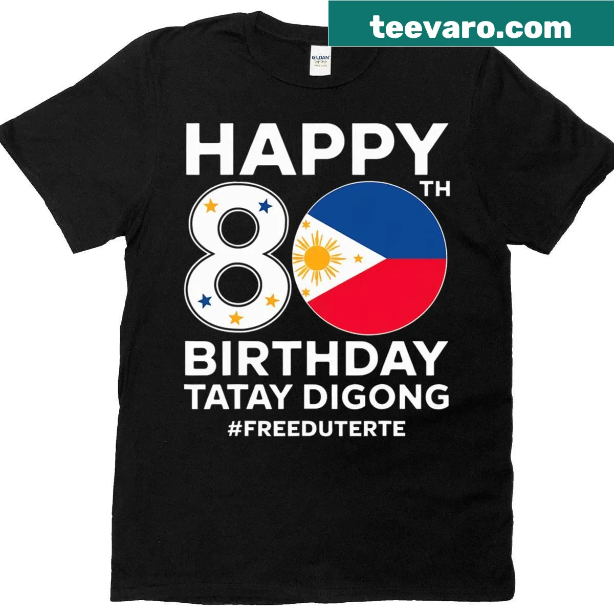 Funny 80th birthday T-shirt featuring humorous typography and cultural references — on a men's t-shirt