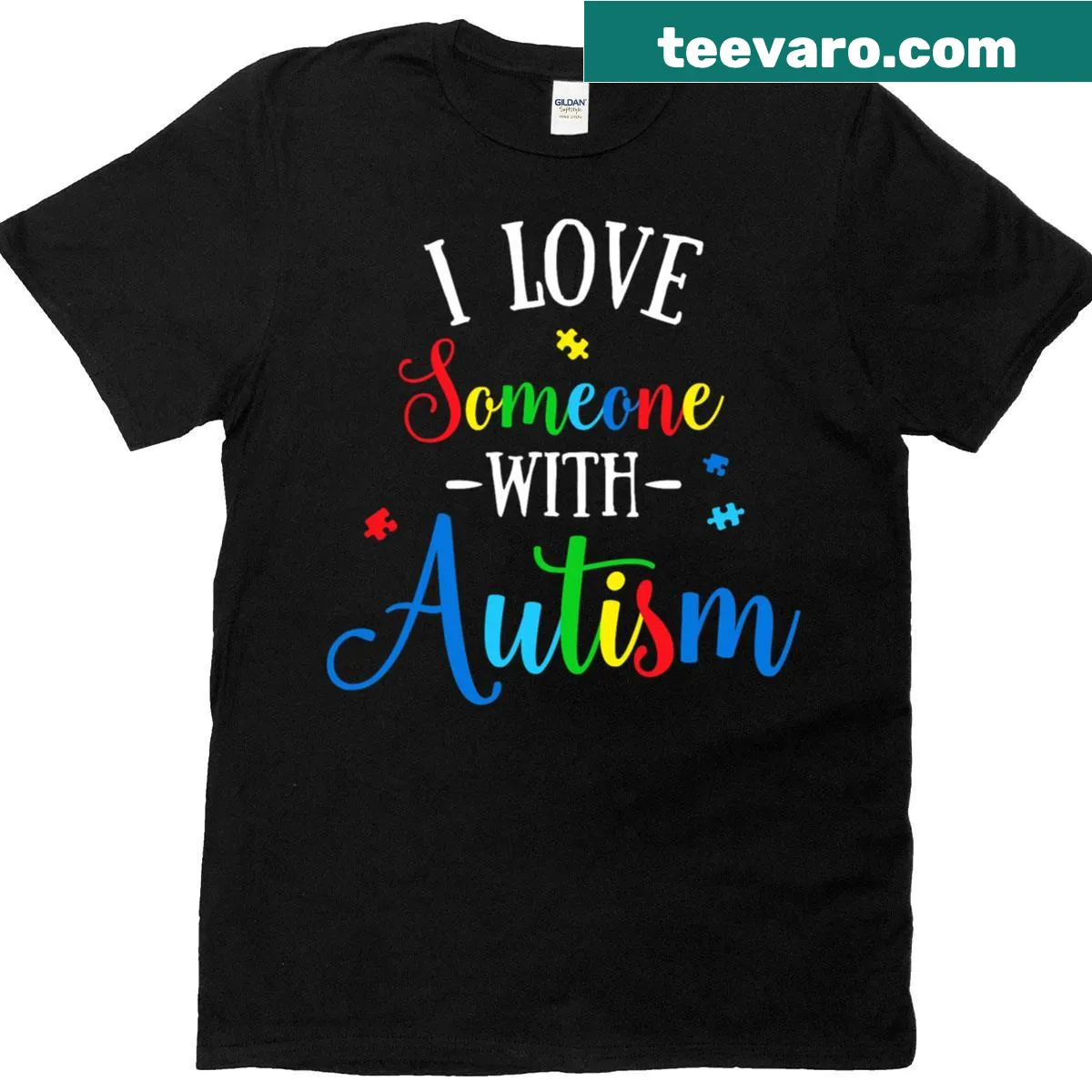 Printed Autism Awareness t-shirt with 'I Love Someone' text. — on a men's t-shirt