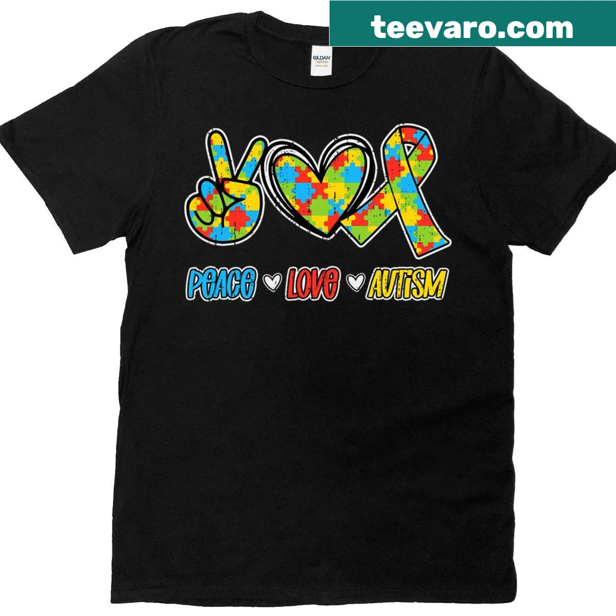 Autism Awareness T-shirt with love, peace, and puzzle piece graphic. — on a men's t-shirt