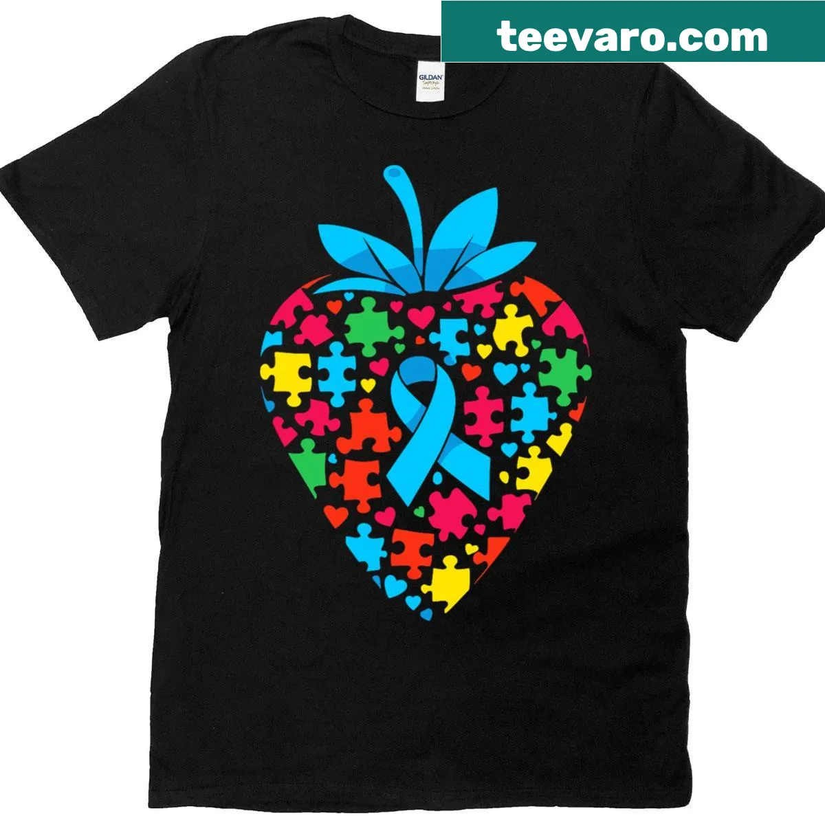 Autism awareness T-shirt with strawberry puzzle design — on a men's t-shirt