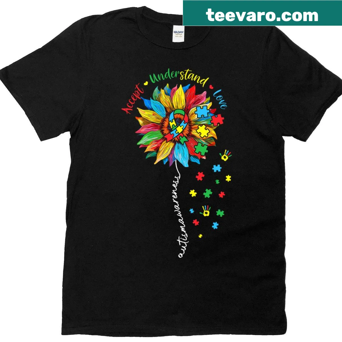 Sunflower design promoting autism awareness on kids' tee — on a men's t-shirt