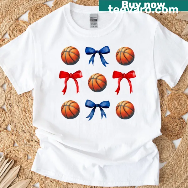 Illustrative shirt with basketballs and bows for young female athletes.
