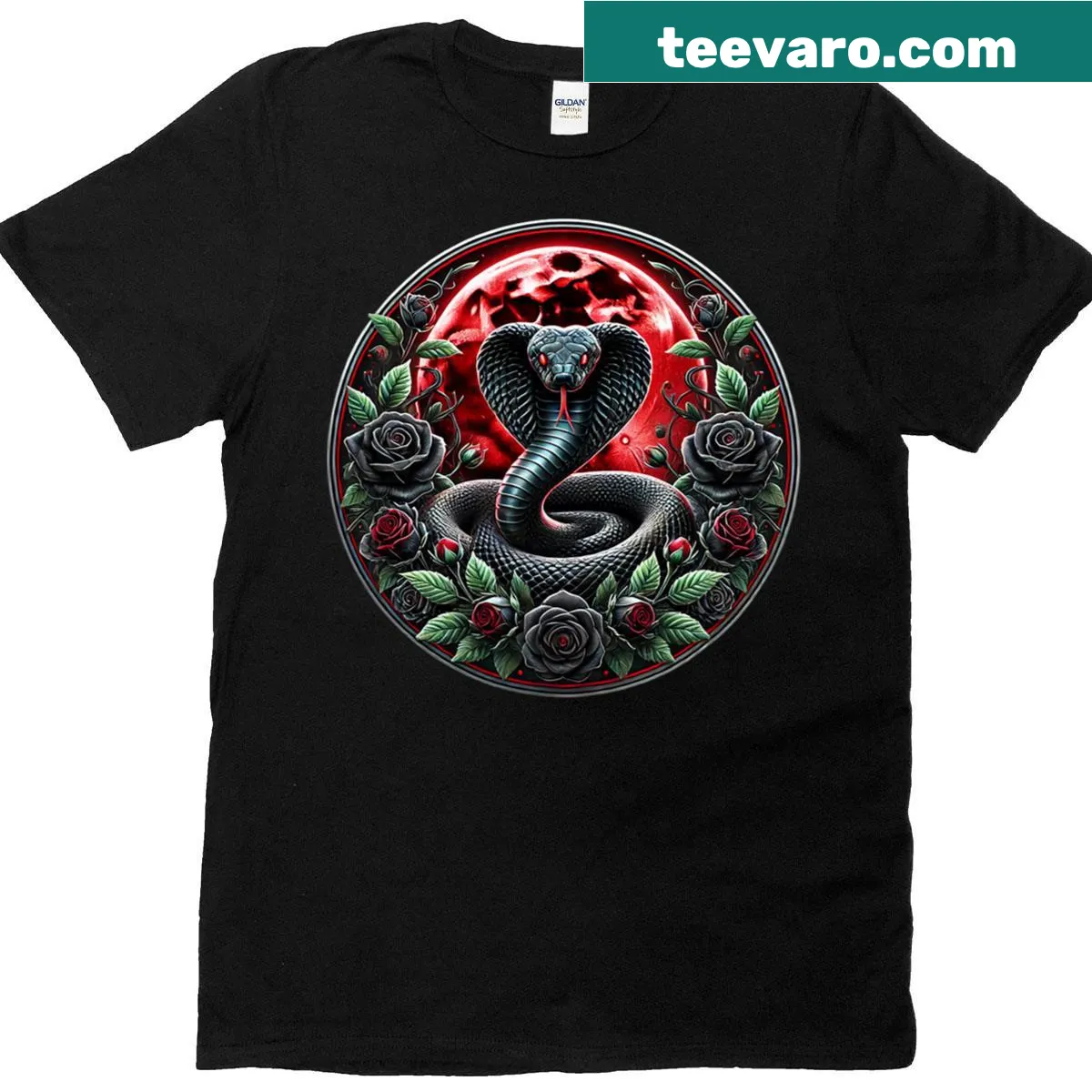 Gothic t-shirt with black cobra, roses, and red moon design — on a men's t-shirt