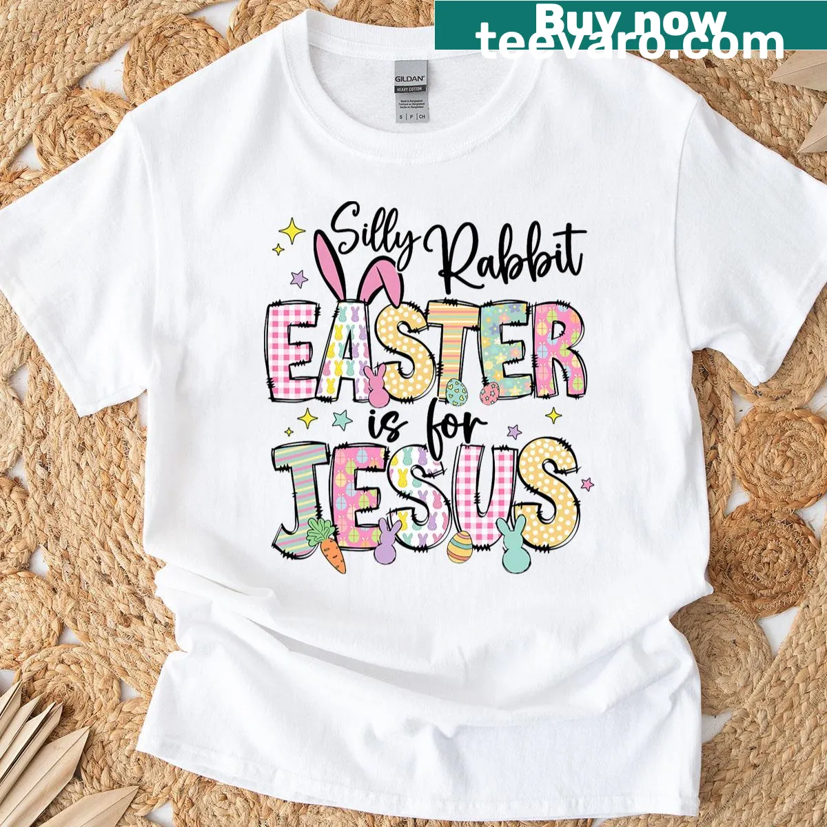 Cute Easter t-shirt featuring a rabbit and Jesus design. — on a men's t-shirt