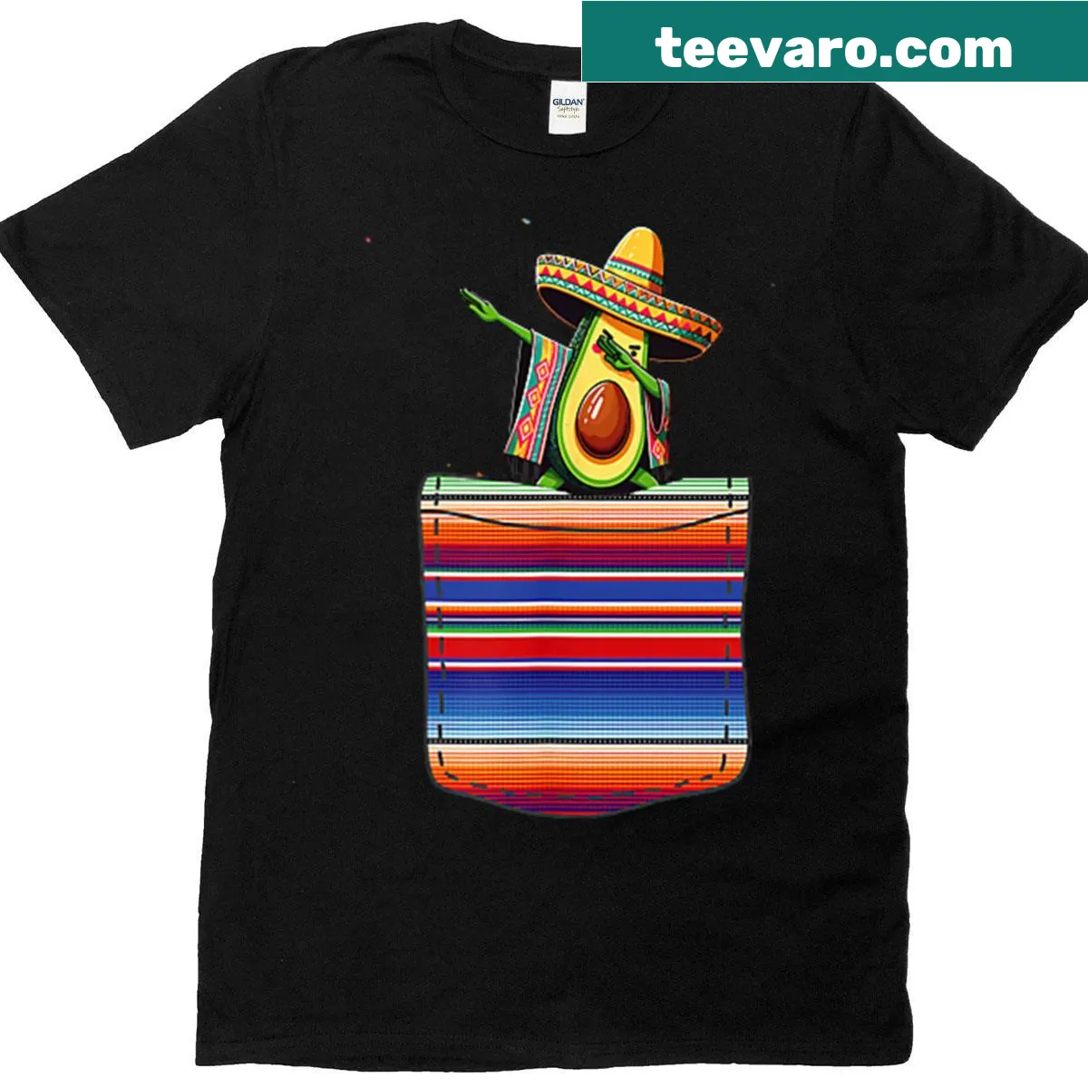 Cartoon avocado dabbing graphic on a pocket t-shirt — on a men's t-shirt