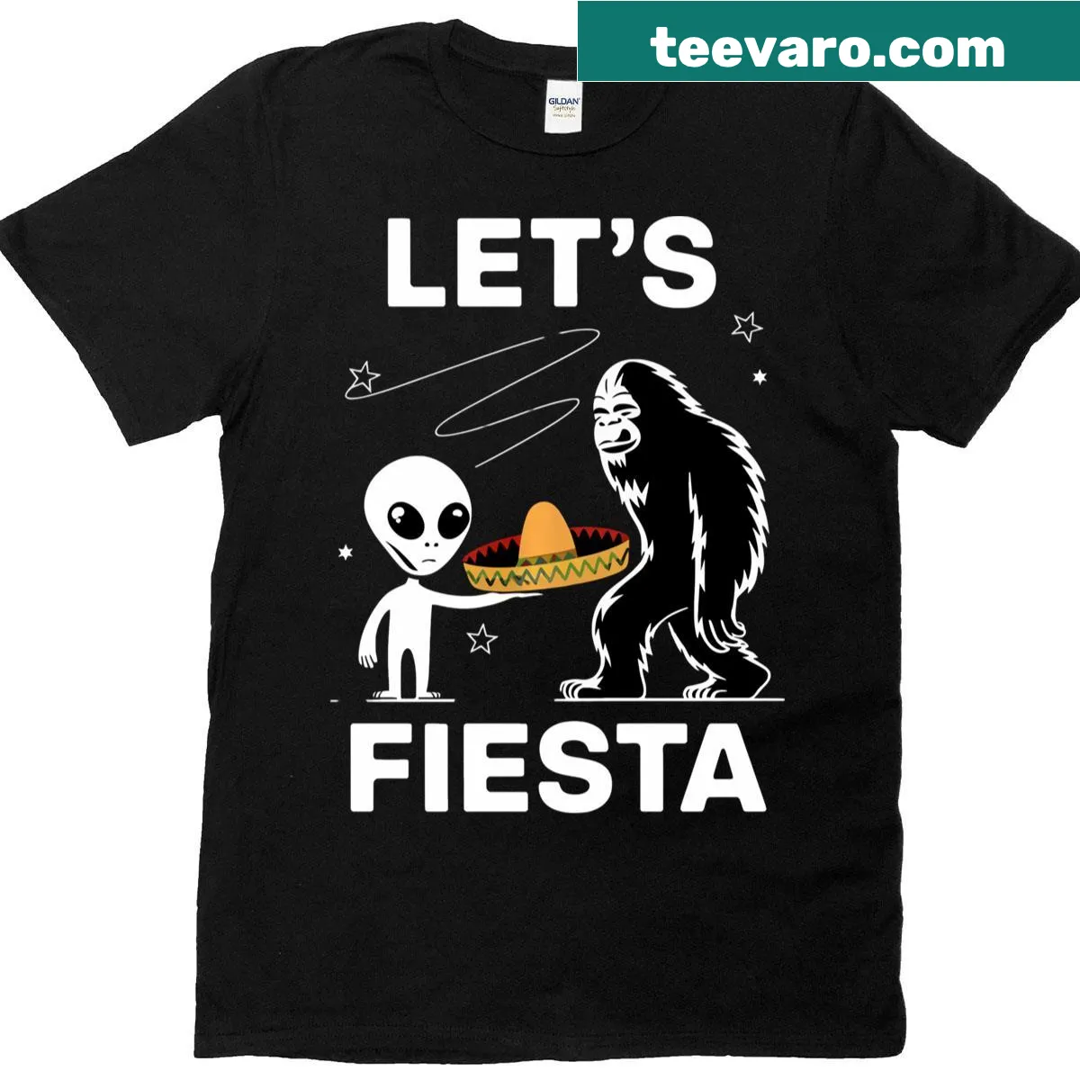 Playful long-sleeve t-shirt with Bigfoot and aliens for Cinco de Mayo. — on a men's t-shirt