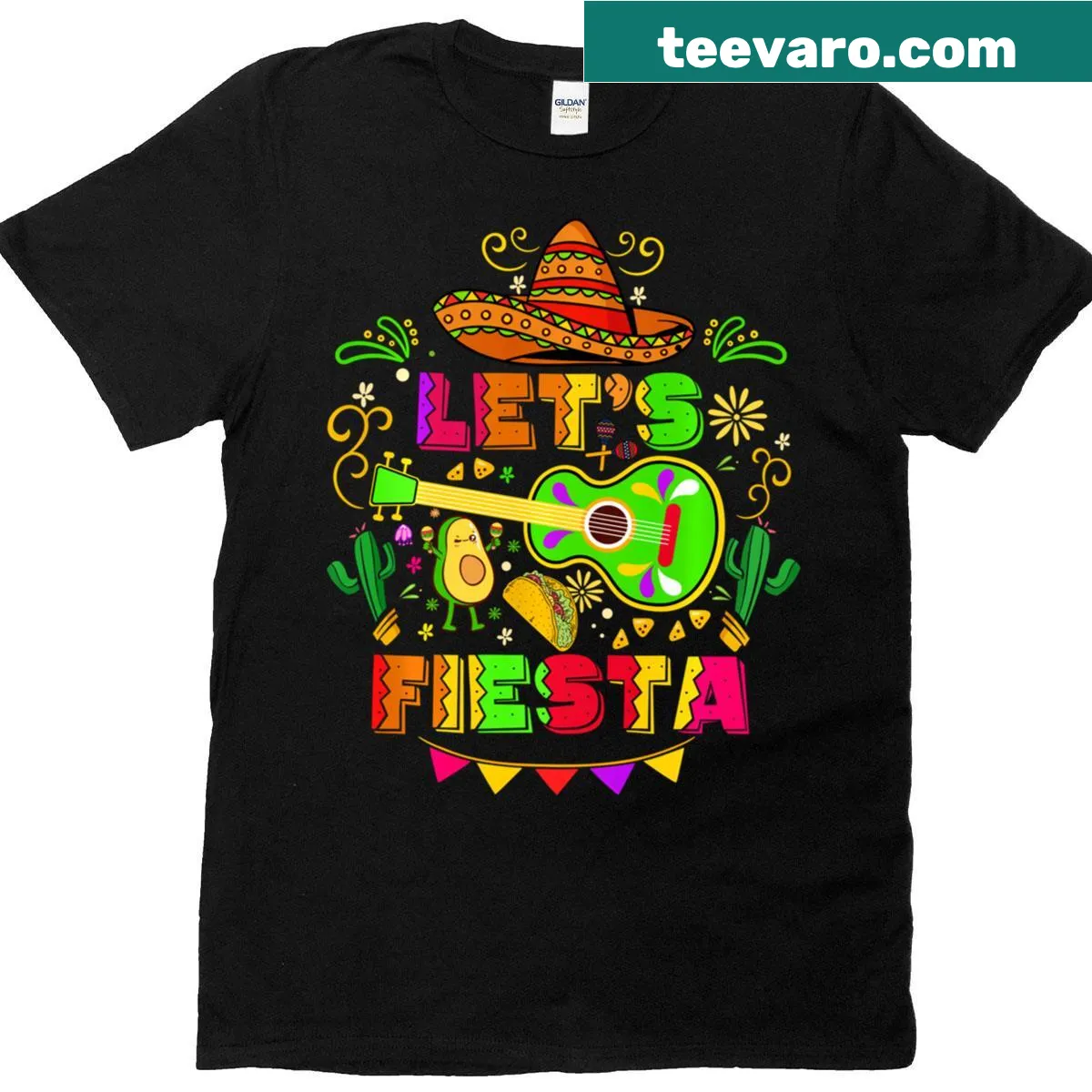 Cartoon avocado with sombrero and guitar on a t-shirt — on a men's t-shirt