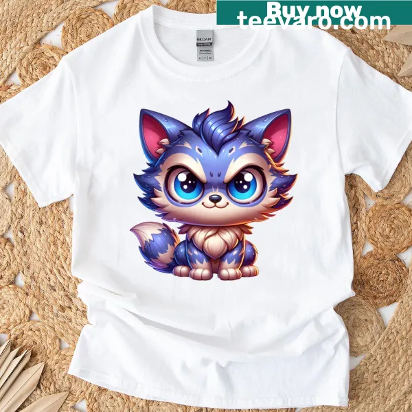 Cute T-shirt featuring a blue wolf pup design with playful stickers