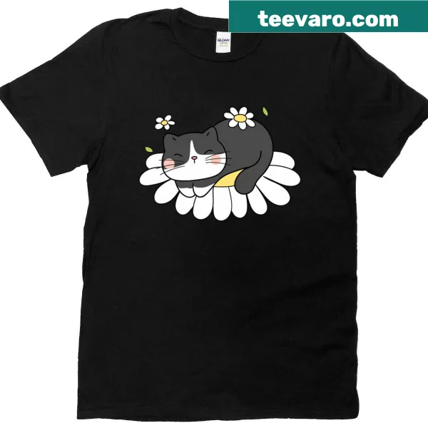 Illustrated T-shirt featuring a tabby cat with flowers