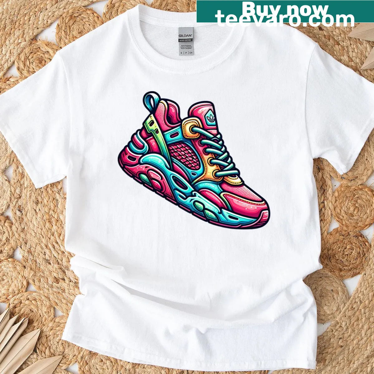 Abstract sneaker sticker design T-shirt — on a men's t-shirt