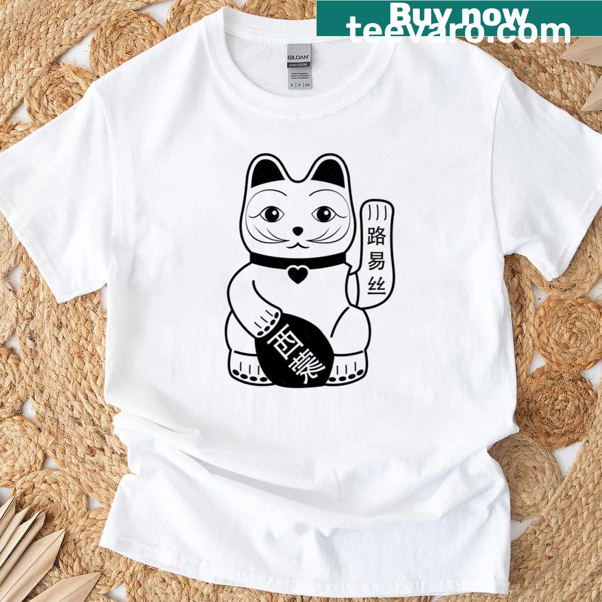 Illustration of Maneki Neko waving cat on T-shirt — on a men's t-shirt