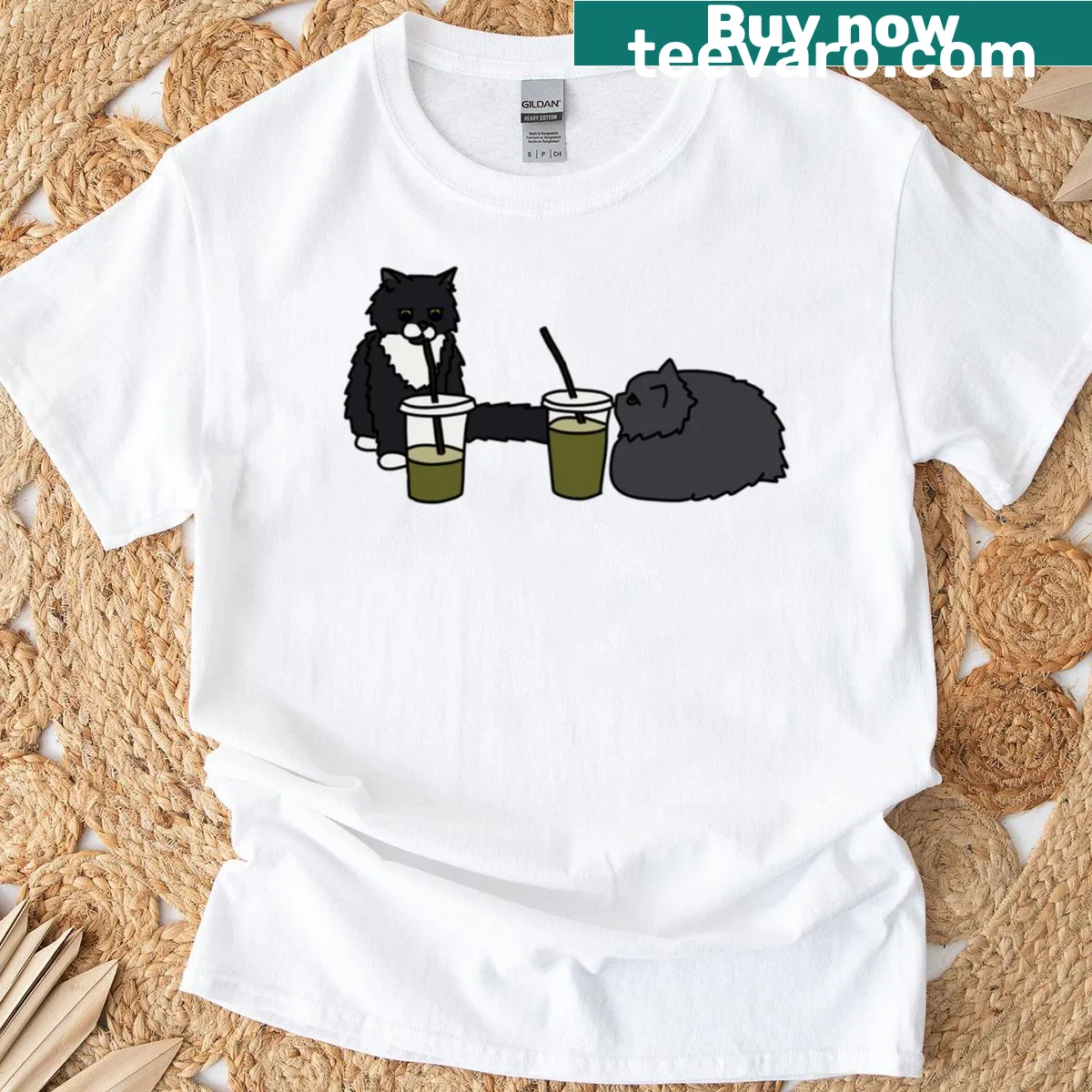 Illustrated cats enjoying matcha on a classic t-shirt — on a men's t-shirt