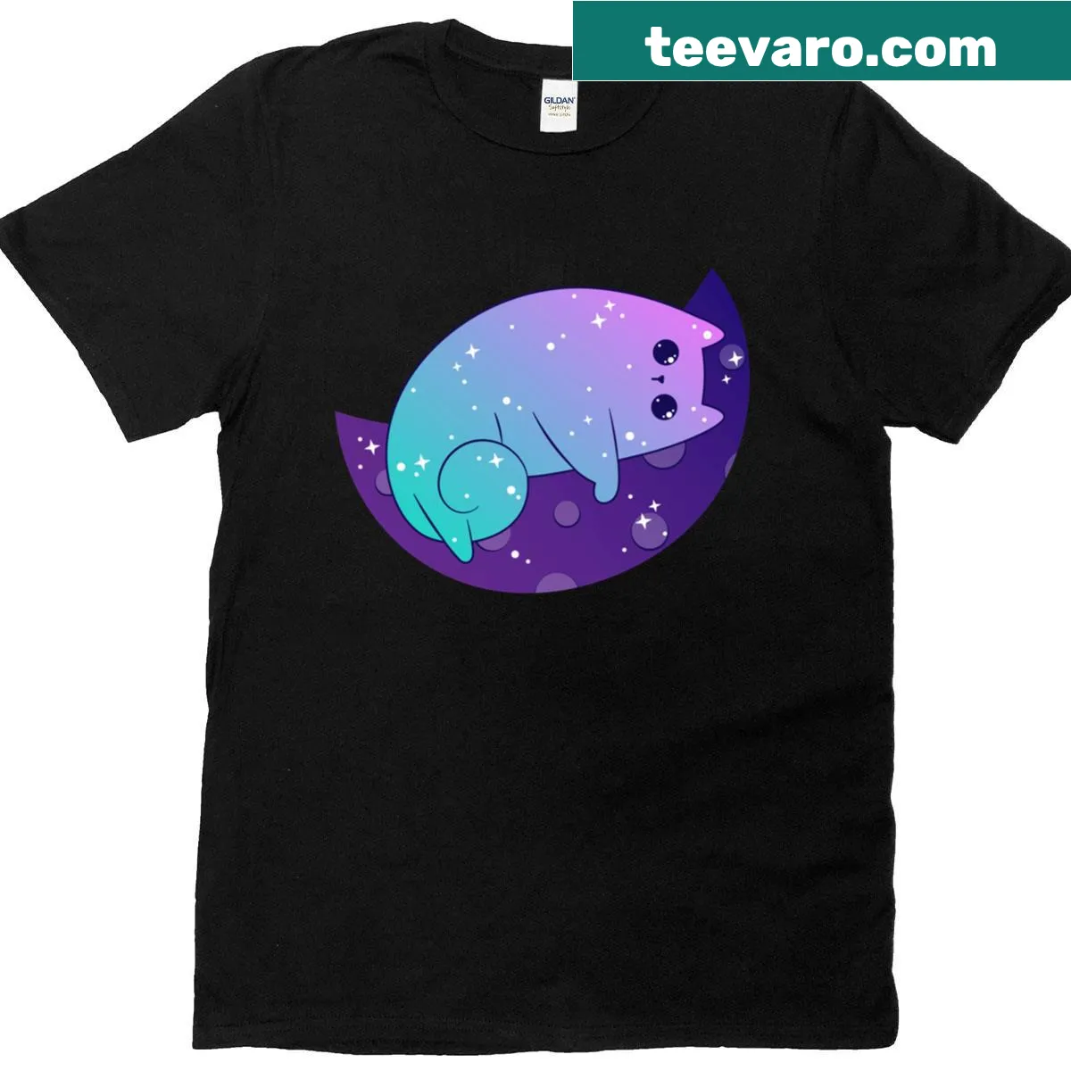 Whimsical illustration of a cat in space on T-shirt — on a men's t-shirt
