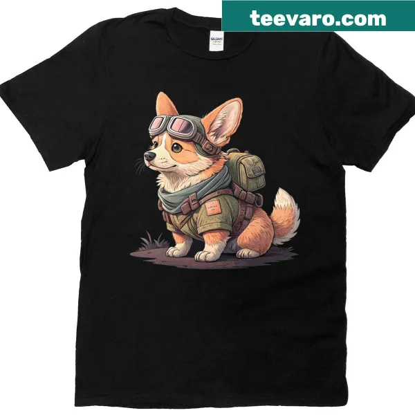 Funny tactical corgi illustration t-shirt for dog lovers.