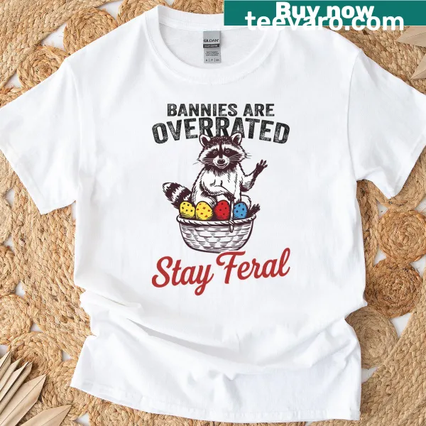 Funny Easter Day graphic T-shirt with bunnies and raccoons