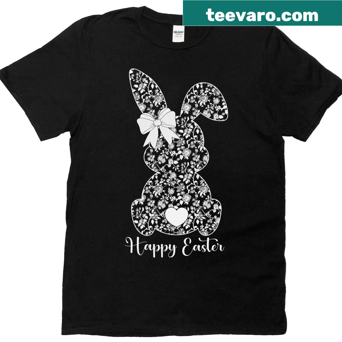 Happy bunny rabbit face with floral accents on girls' t-shirt — on a men's t-shirt