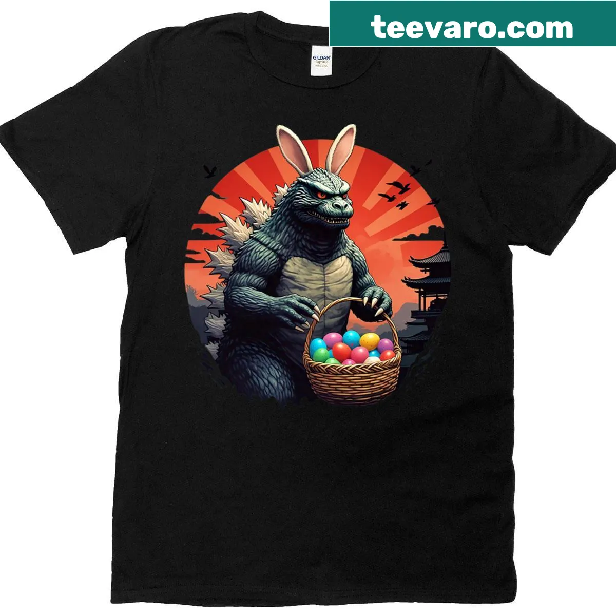 Cartoon kaiju monster with eggs on kids' Easter T-shirt — on a men's t-shirt
