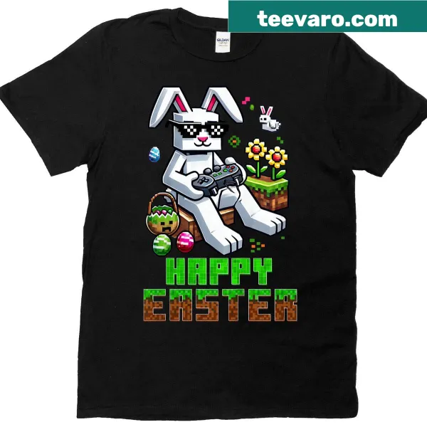 Kids T-shirt with cartoon bunnies and video game elements for Easter
