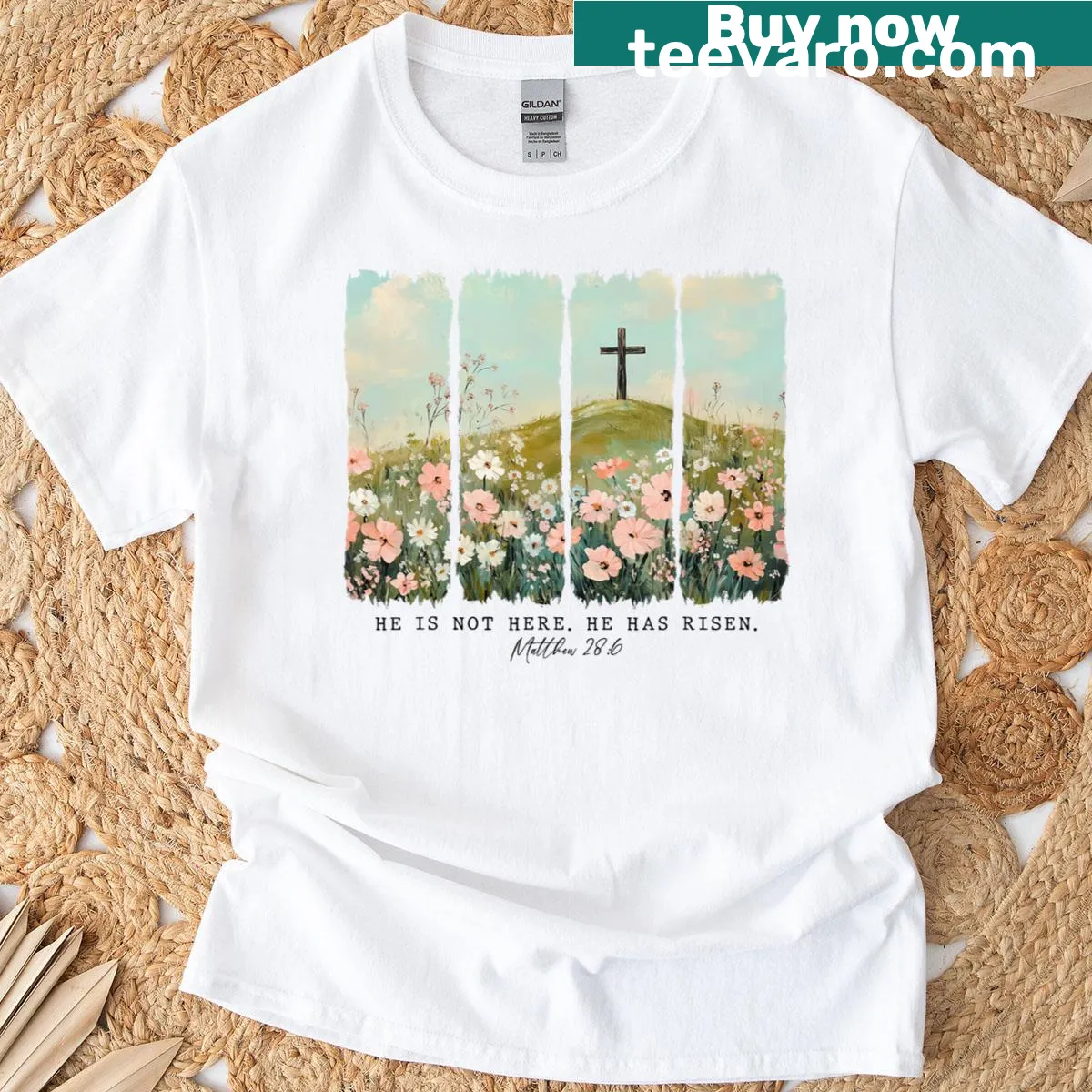 Illustration of wildflowers with the text 'Risen Is He' for Easter. — on a men's t-shirt