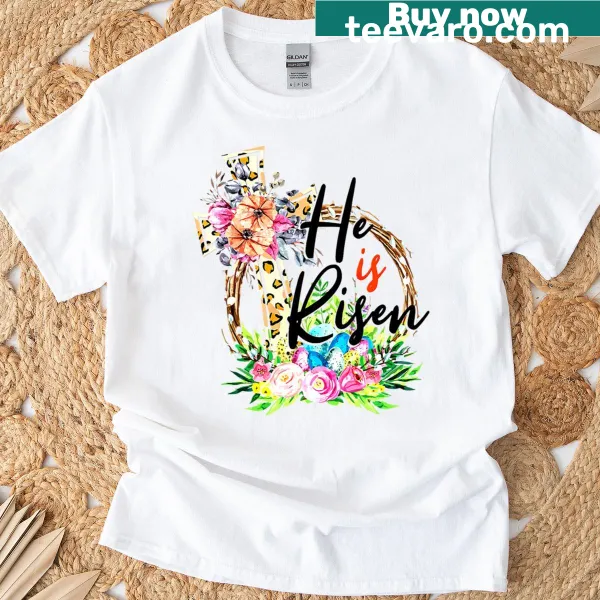 Cross design with the phrase 'He Risen' for Easter.