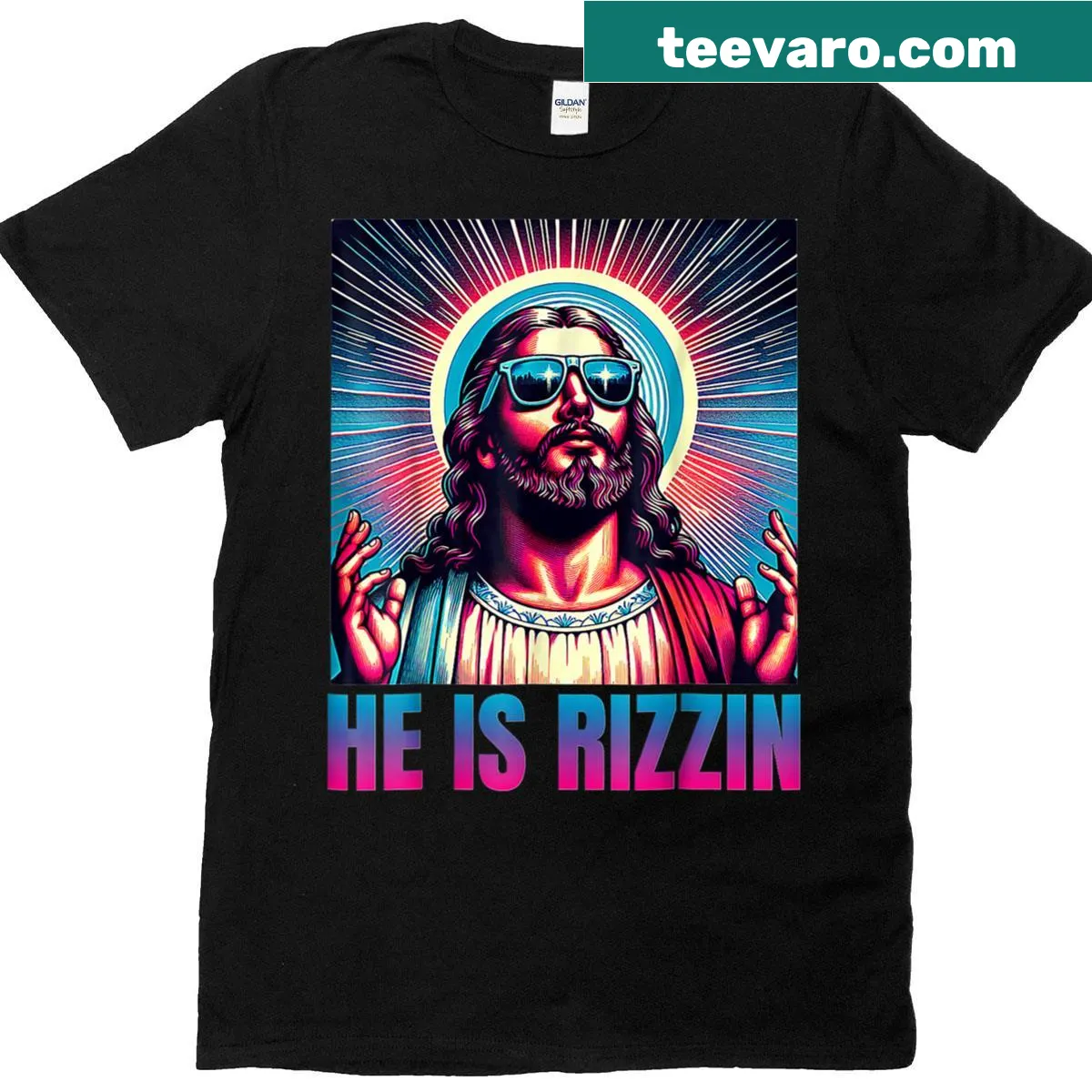Easter-themed shirt with 'He Is Rizzin' text — on a men's t-shirt