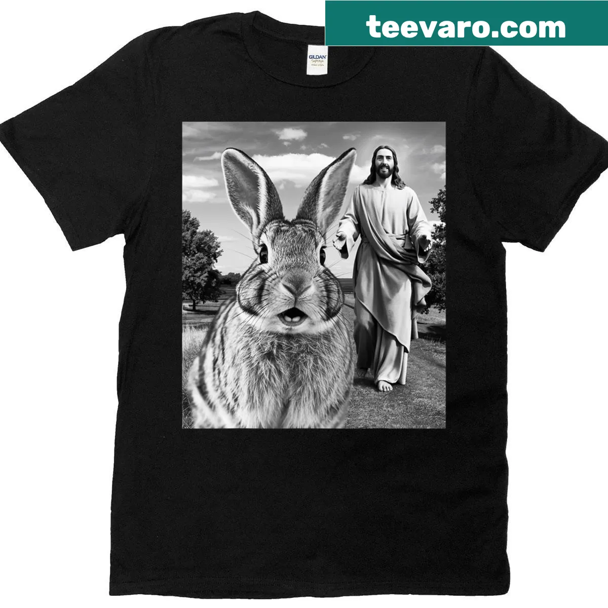Illustrated Easter bunny t-shirt for selfies — on a men's t-shirt
