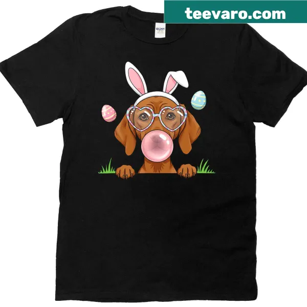 Playful Easter T-shirt featuring a Vizsla dog as a bunny
