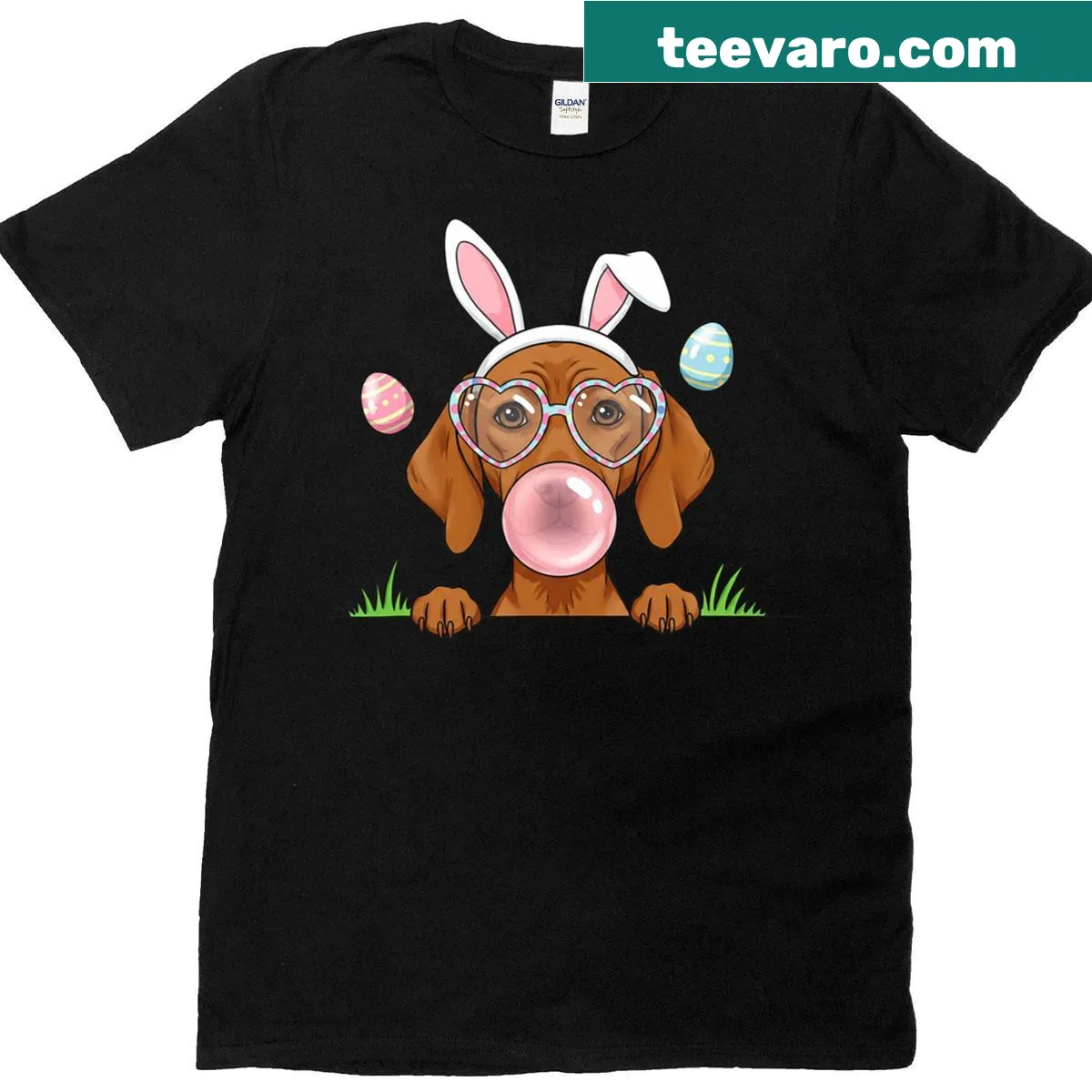 Playful Easter T-shirt featuring a Vizsla dog as a bunny — on a men's t-shirt