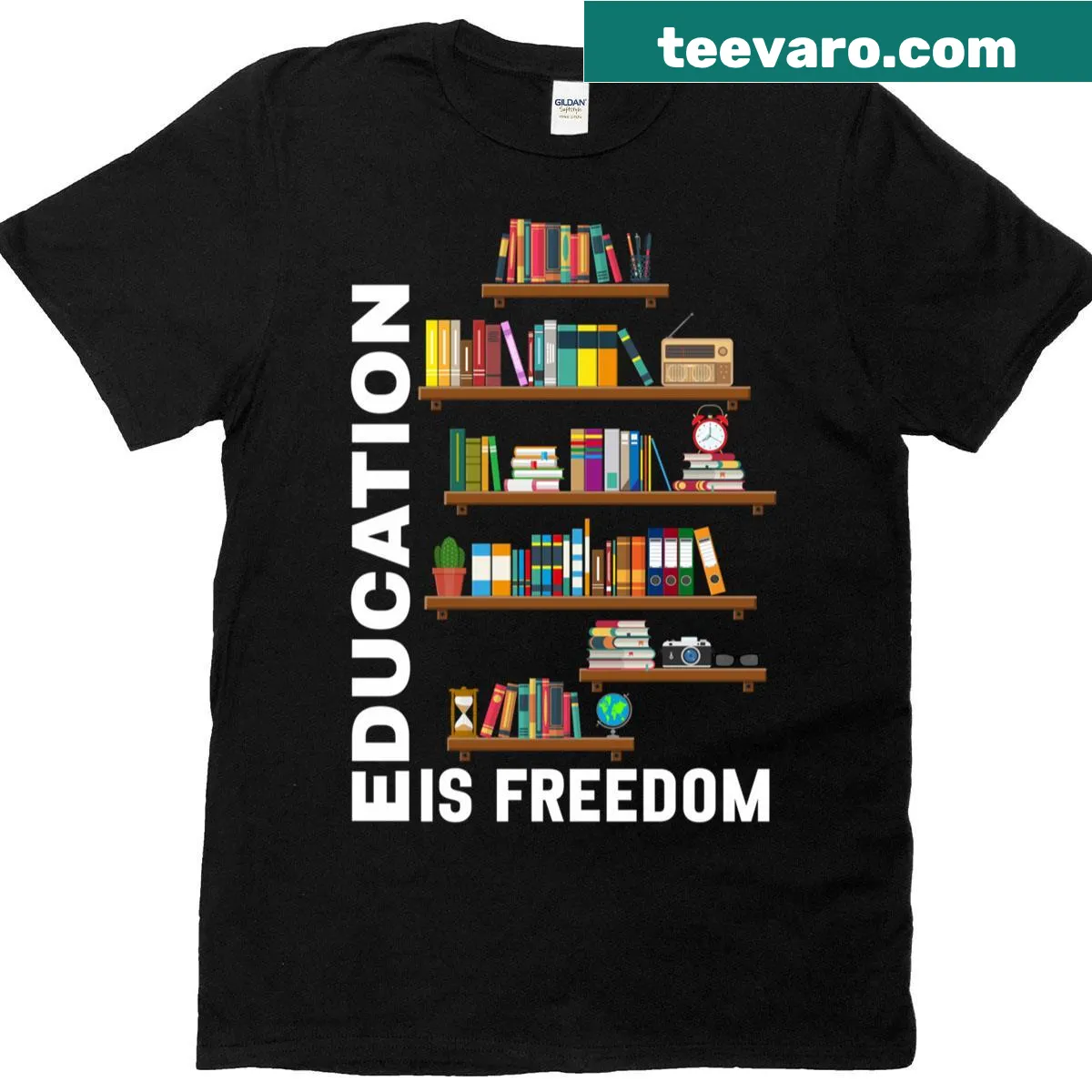 Black teacher graphic t-shirt with library theme and inspirational text — on a men's t-shirt