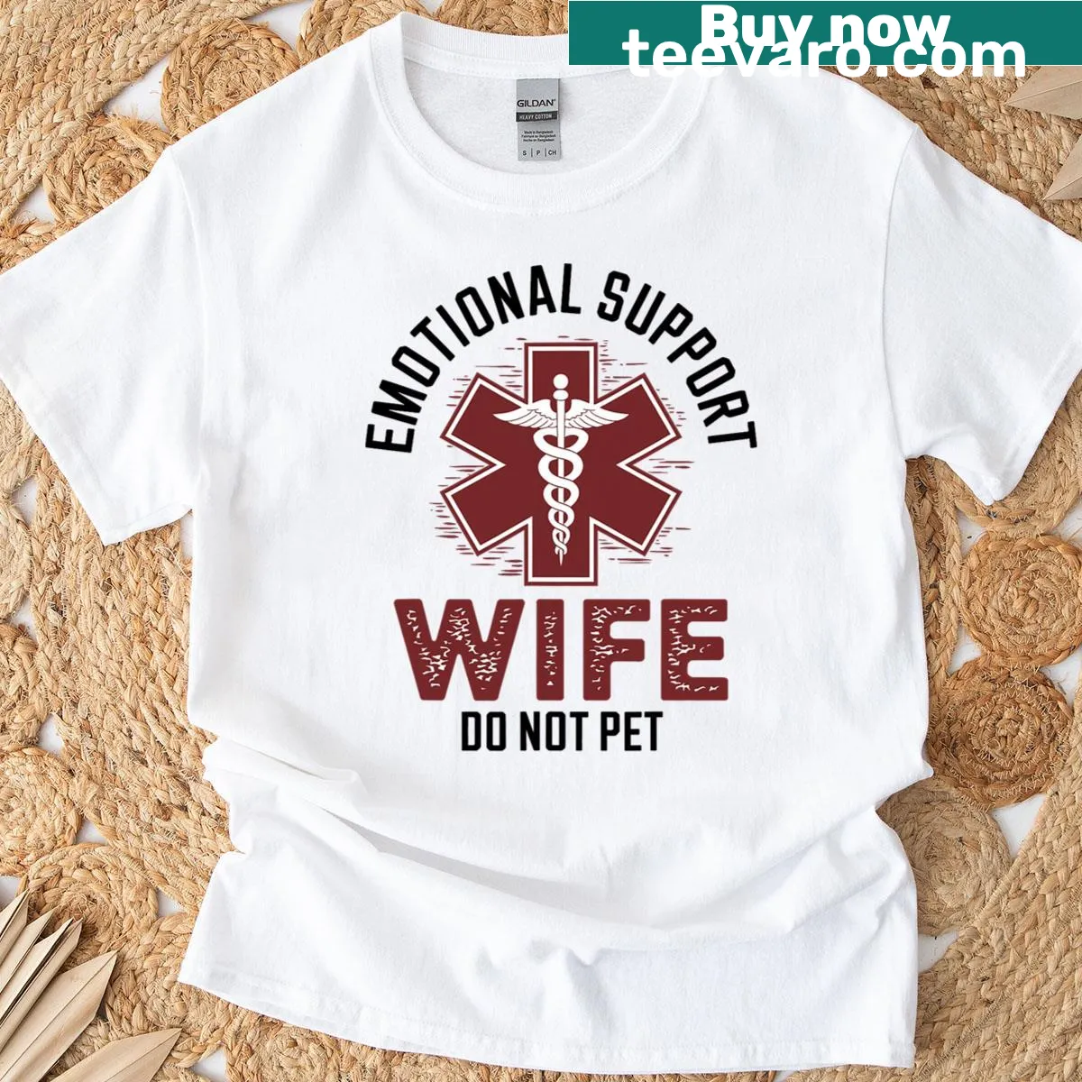 Playful t-shirt with 'Emotional Support Wife' text — on a men's t-shirt