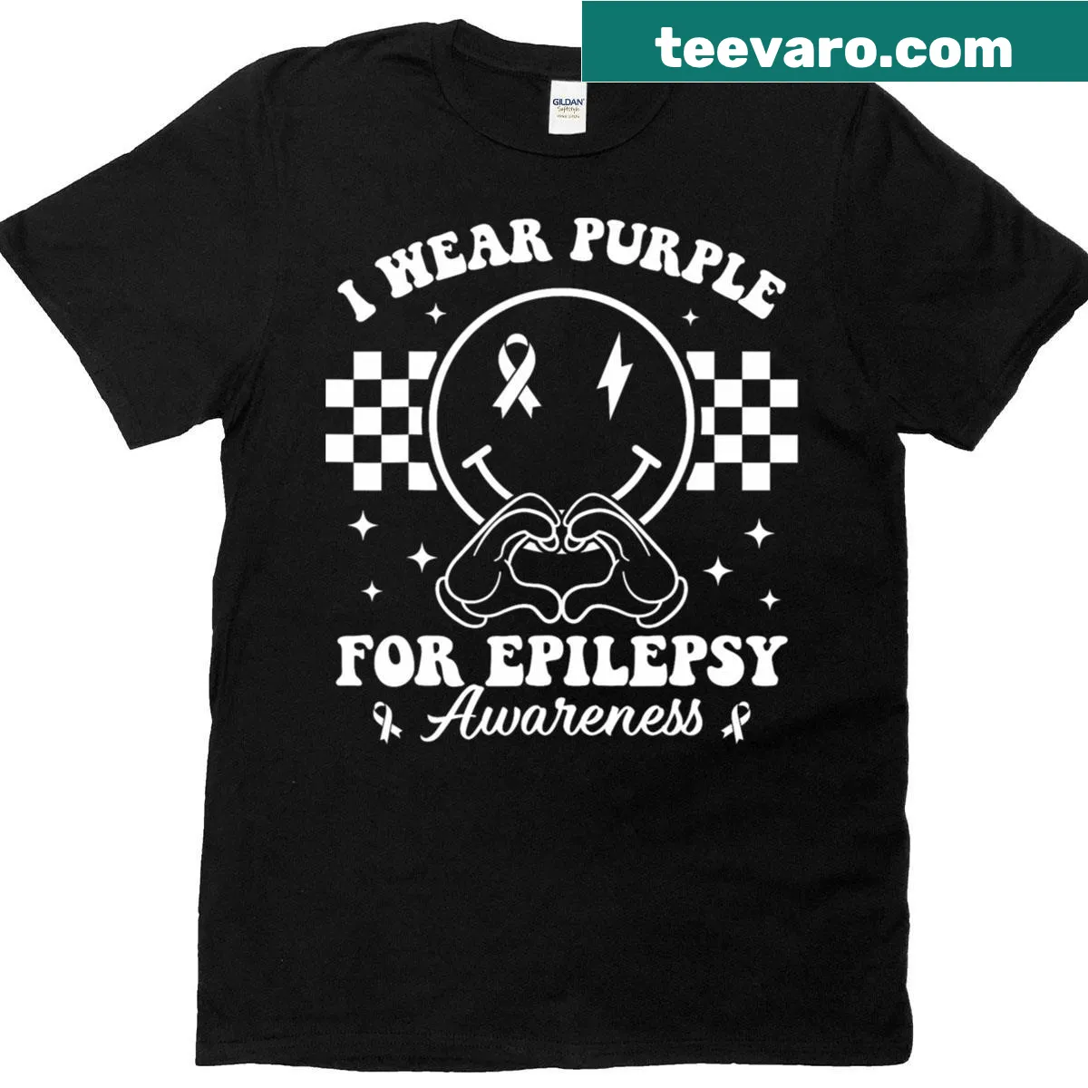 T-shirt with a purple smiley face and text promoting epilepsy awareness — on a men's t-shirt