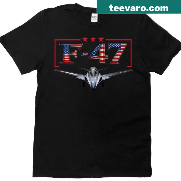 Trump-themed F-47 fighter jet graphic on a t-shirt